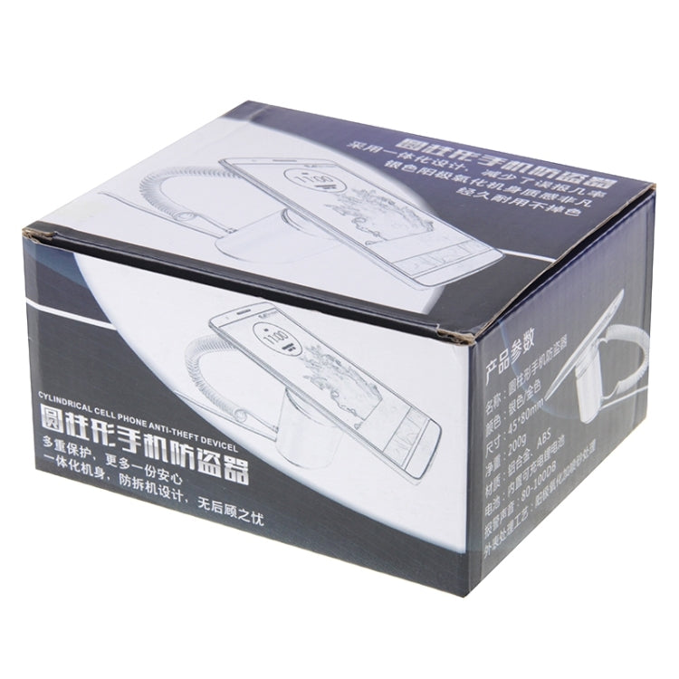 Retail box packaging for cylindrical anti-theft phone security device with diagrams