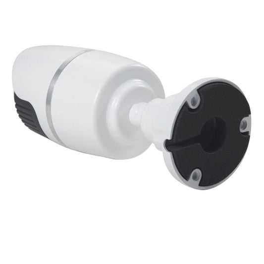 White wired IP security camera showing front lens opening and mounting base
