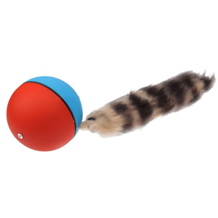 Motorized rolling chase ball toy with blue and red shell, in front of a dog