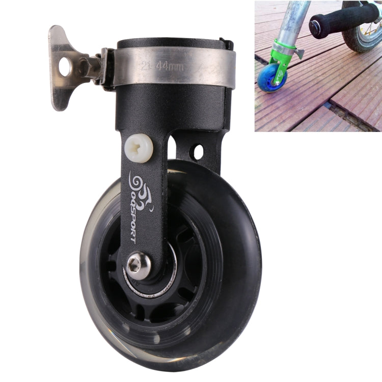 Black folding bicycle auxiliary wheel booster, single mounting bracket and wheel assembly