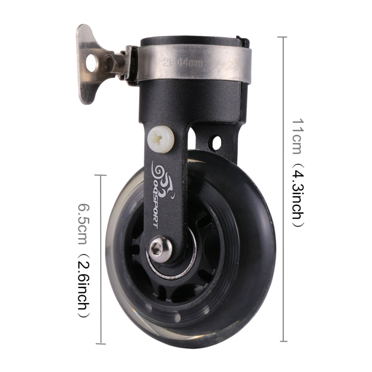 Black folding bicycle auxiliary wheel booster with size markings on bracket and wheel