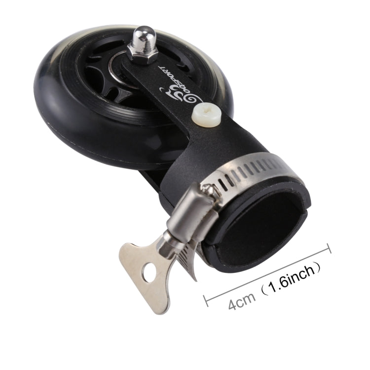 Black bicycle auxiliary wheel booster with mounting clamp and adjustable bracket