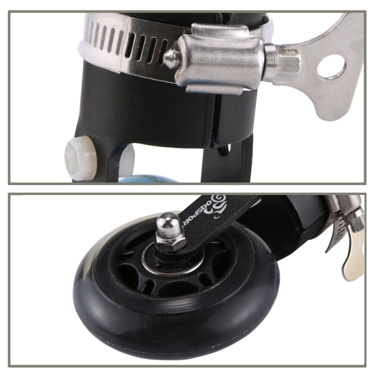 Black auxiliary wheel booster bracket and wheel detail view with mounting clips