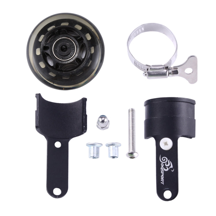 Bicycle auxiliary wheel booster kit components: wheel, bracket, clamp strap, screws