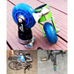 Blue and green bicycle auxiliary wheel booster on a folding bicycle, side view