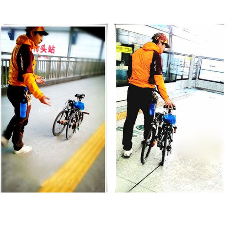 Bicycle with blue auxiliary wheel boosters for stability during walking