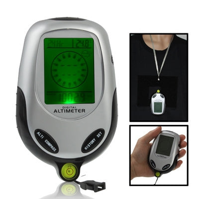 Digital multifunction altimeter device with green LCD screen and side control buttons