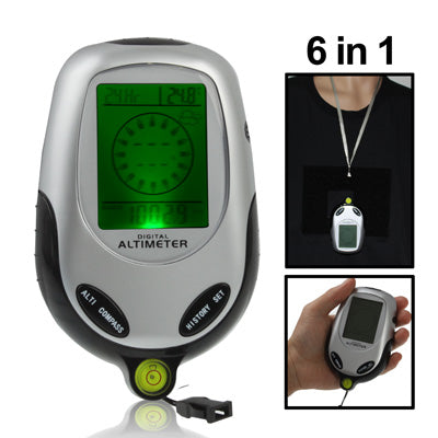 Digital multifunction outdoor device with green LCD and lanyard worn as a pendant
