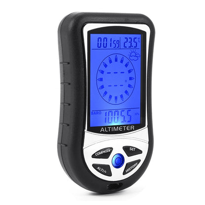 Black digital altimeter with blue backlit display and buttons for compass, set, history