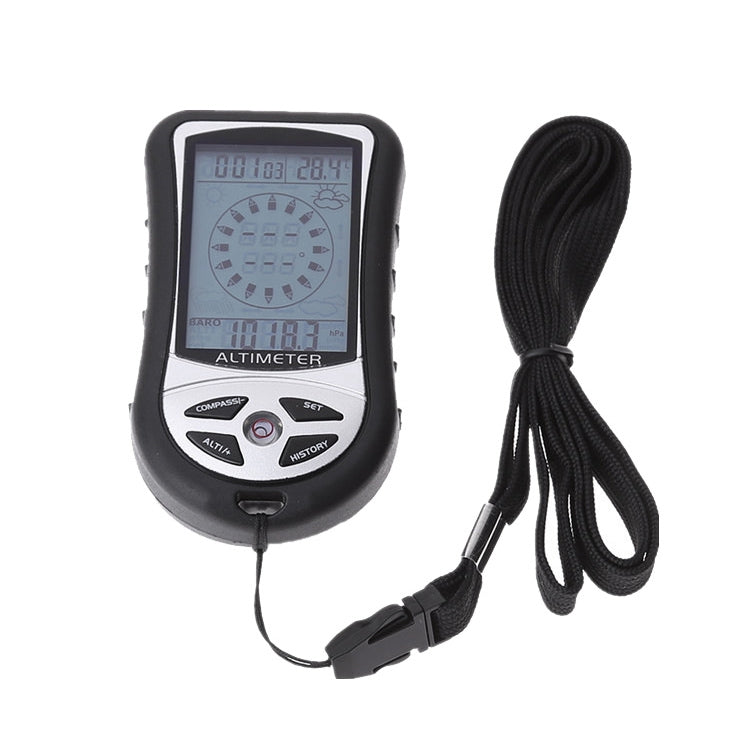 Black digital altimeter device with lanyard and buttons, blue screen display