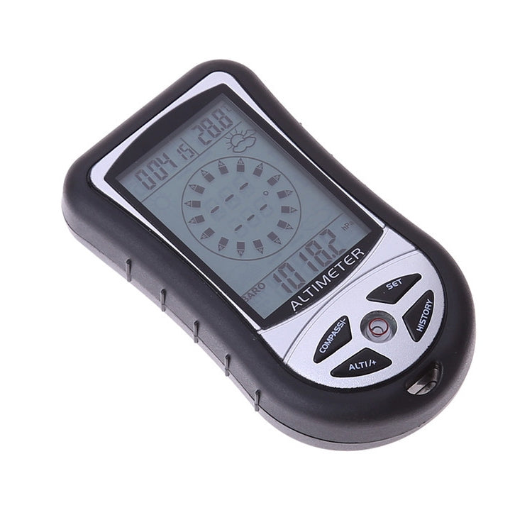 Black handheld digital altimeter with angled screen, compass and set buttons visible