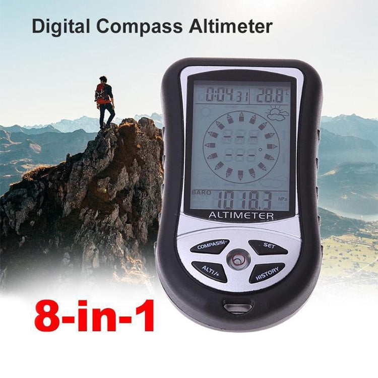 Black handheld digital altimeter with blue backlit display and base buttons