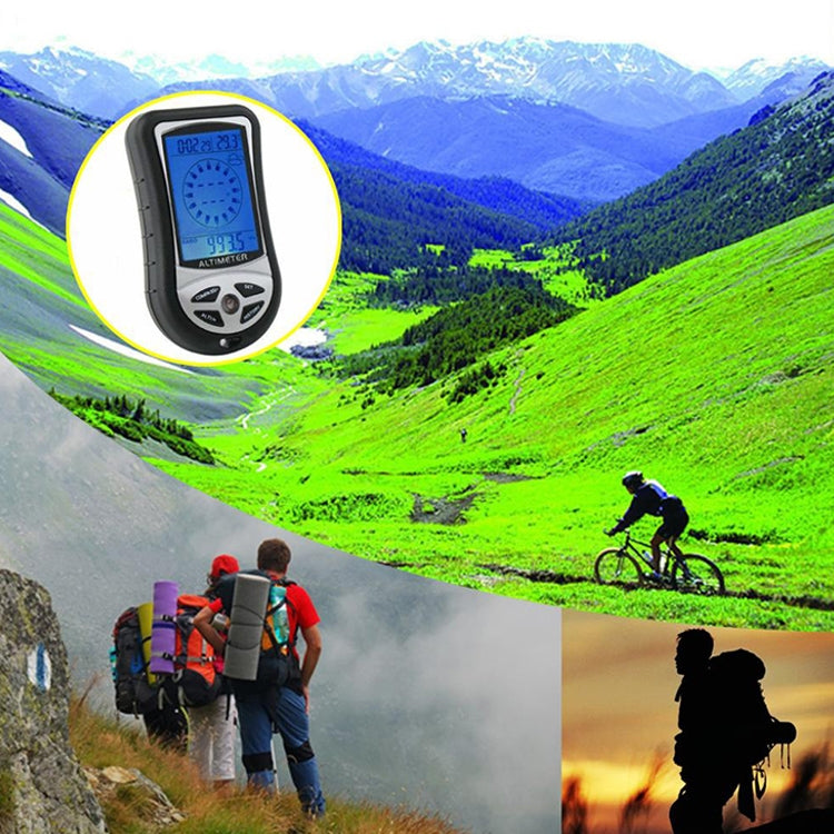 Handheld black digital altimeter with blue display mounted in highlighted view