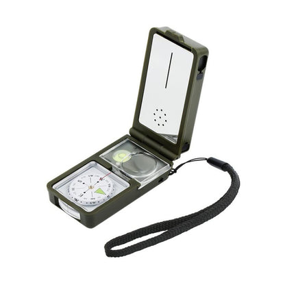 Multi-function compass tool with open cover, compass dial, and wrist strap