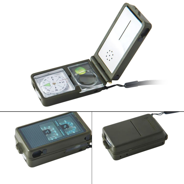Multi-function compass tool with open dial window and wrist strap, angled view