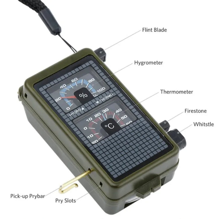 Olive multi-function compass tool showing hygrometer and thermometer gauges