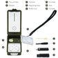 Open multi-function compass tool with magnifier, ruler, strap, and bubble level