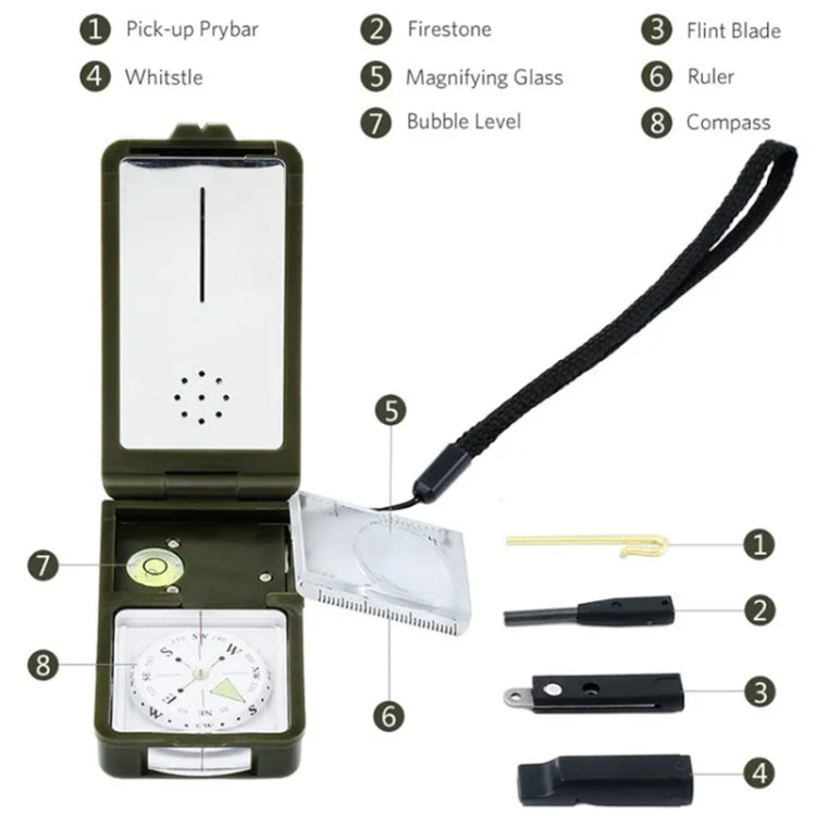 Open multi-function compass tool with magnifier, ruler, strap, and bubble level