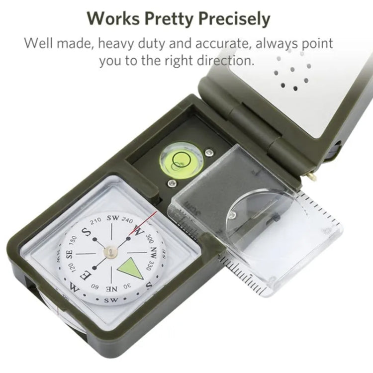 Multi-function compass tool open with compass dial, ruler, and hinged magnifier