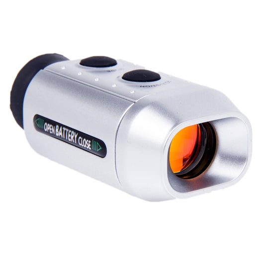 Digital golf rangefinder with orange-tinted internal lens, silver metal body