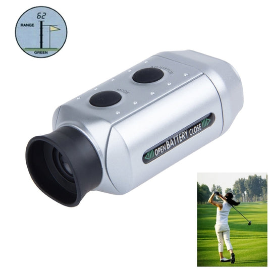 Digital golf rangefinder with silver body and black eyepiece, open-battery close