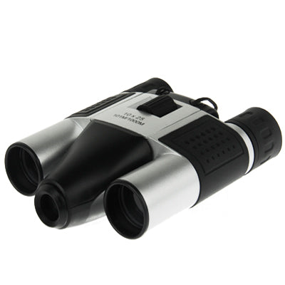 Binocular camera binoculars with silver barrels and black end caps, side view