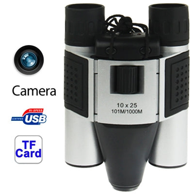 Binocular camera with dual lenses, silver-and-black body, and top camera module