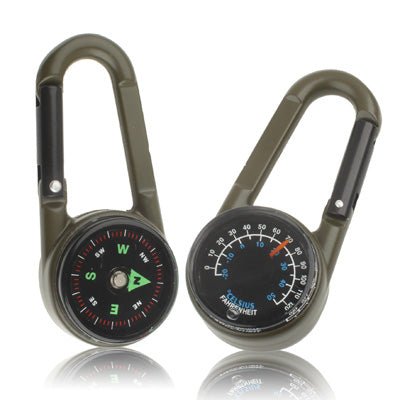 Two carabiner keychain compasses with colored needle scales and thermometer markings