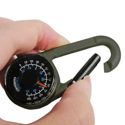 Hand holding olive carabiner key compass with thermometer dial and needle indicators