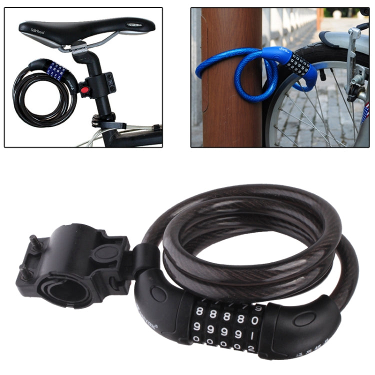 Bicycle steel wire combination lock with 5-digit dial, black coiled cable and bracket