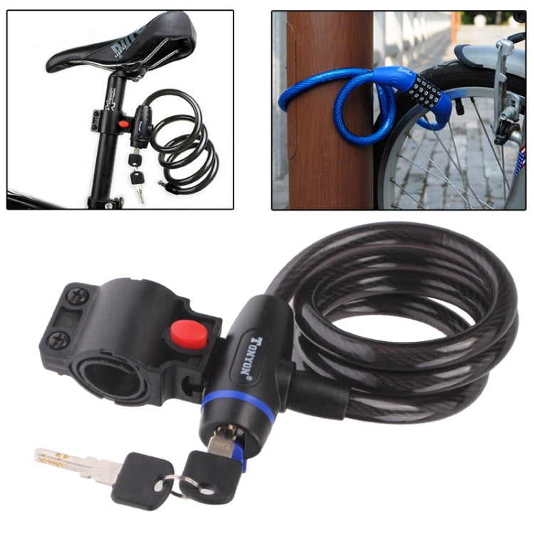 Bicycle security cable lock set with black lock, coiled cable, and keys
