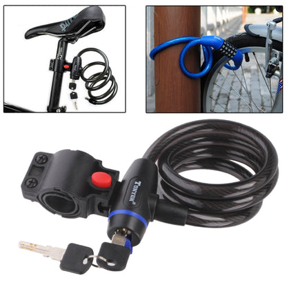 Bicycle security cable lock set with black lock, coiled cable, and keys