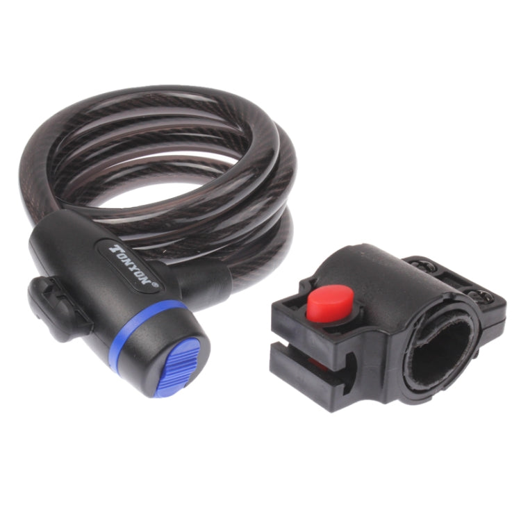 Black bicycle cable lock with coiled wire and red push button on lock housing