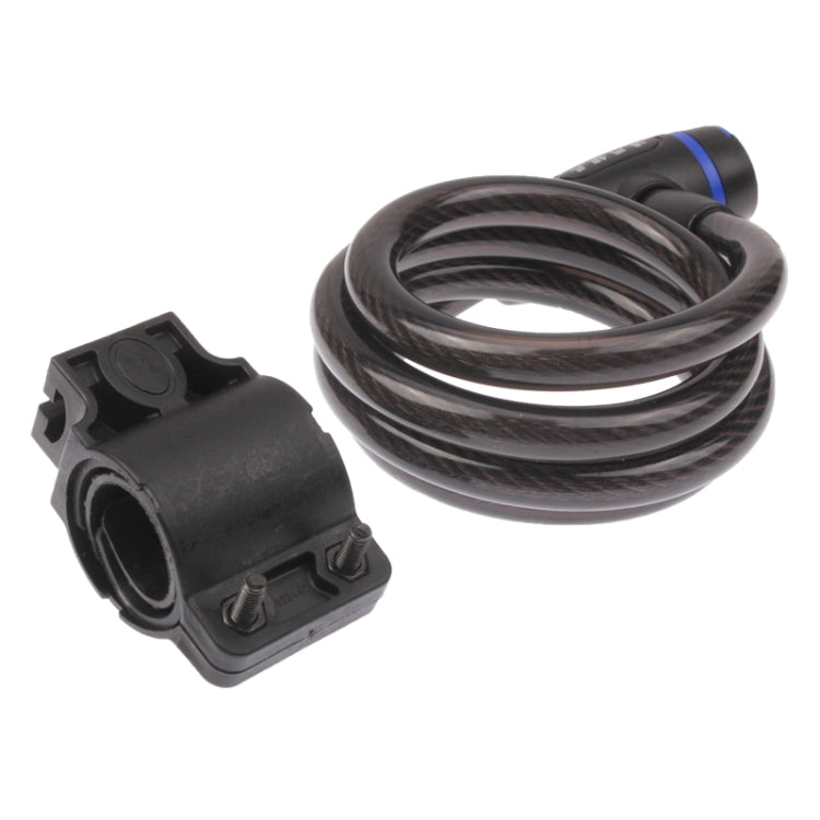 Black bicycle cable lock head with coiled wire loop and blue accent band