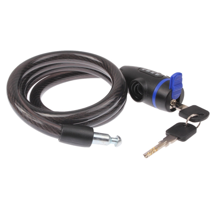 Bicycle cable lock with coiled wire, keys, and black lock cylinder with blue ring