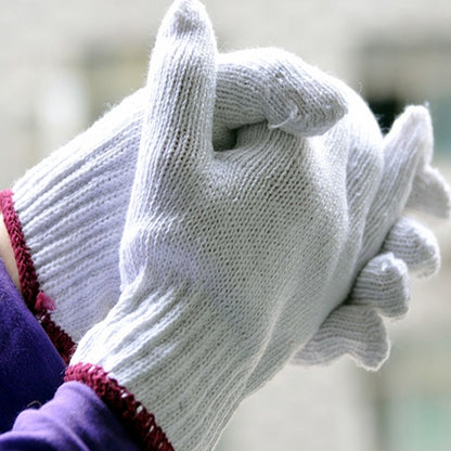 Cotton work gloves, white knit with split fingertips and magenta cuff trim