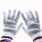 Cotton work gloves pair, white knit with split fingertips and magenta cuff hem