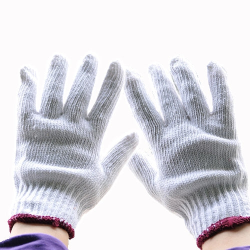 Cotton work gloves pair, white knit with split fingertips and magenta cuff hem