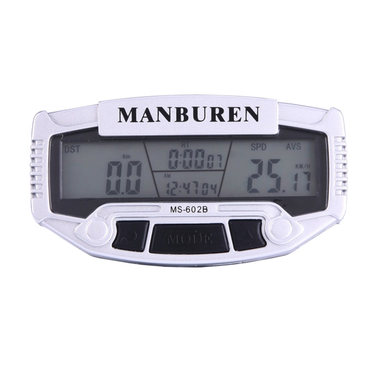 White MANBUREN MS-602B LCD bike computer showing DST, SPD and AVS on screen