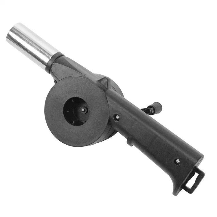 Manual air blower with round fan housing, silver inlet tube, and black grip