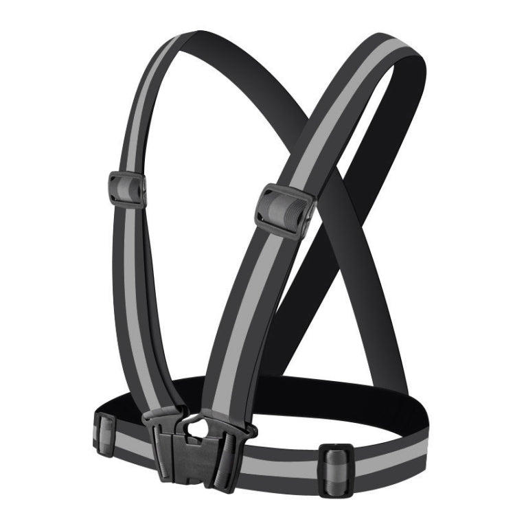 Black reflective running safety vest with crossed back straps and front sizing clips