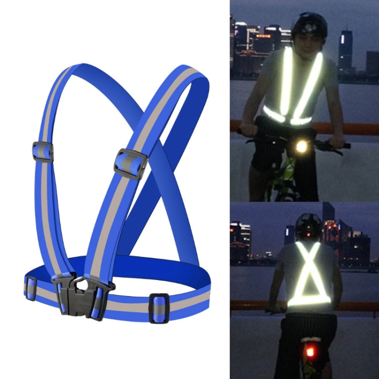 Blue reflective running safety vest with crossed straps and adjustable front buckles
