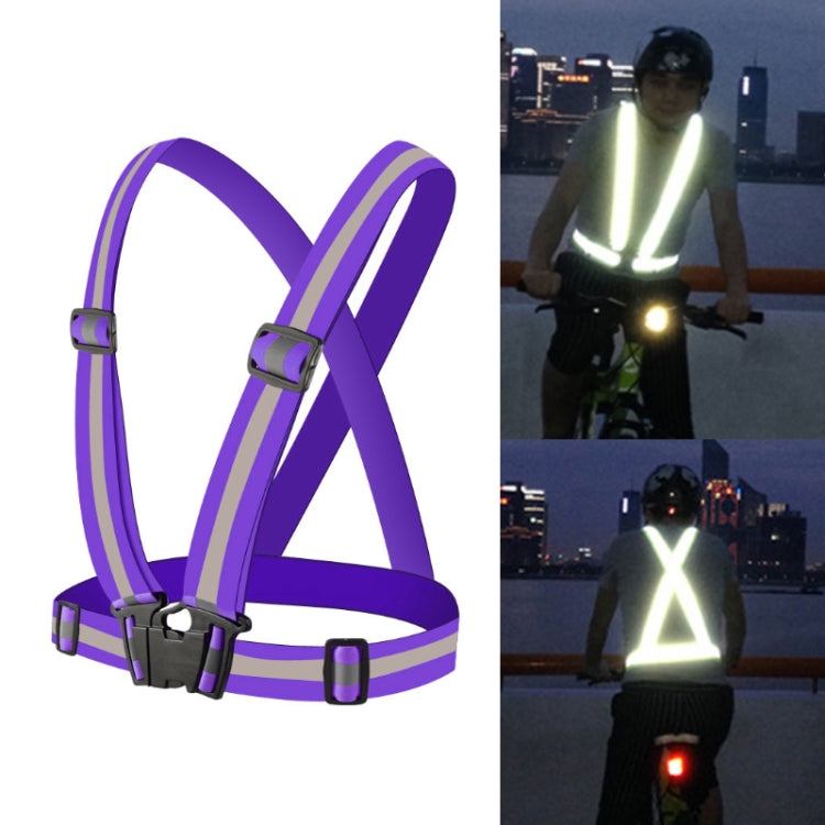 Purple reflective safety vest with crossed straps and adjustable front buckles
