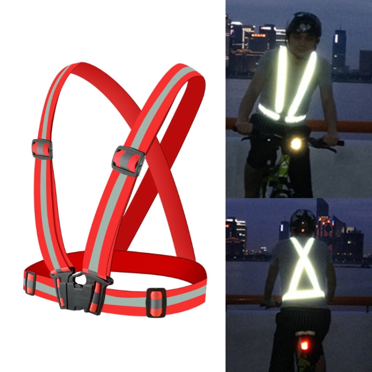 Red reflective running safety vest with crossed straps and adjustable front buckles