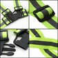 Neon green reflective vest close-up of black adjustable buckles and strap stitching
