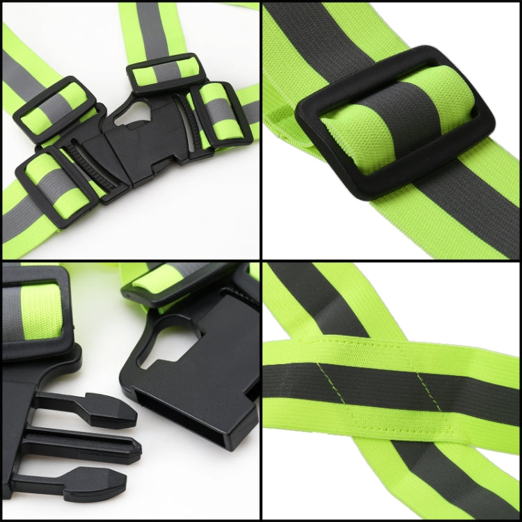 Neon green reflective vest close-up of black adjustable buckles and strap stitching