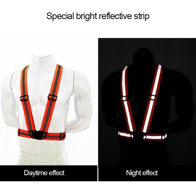Adjustable reflective safety vest with V-shaped stripes and front chest harness