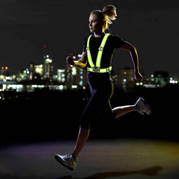 Neon green reflective running safety vest with V-shaped front stripes and runner fit