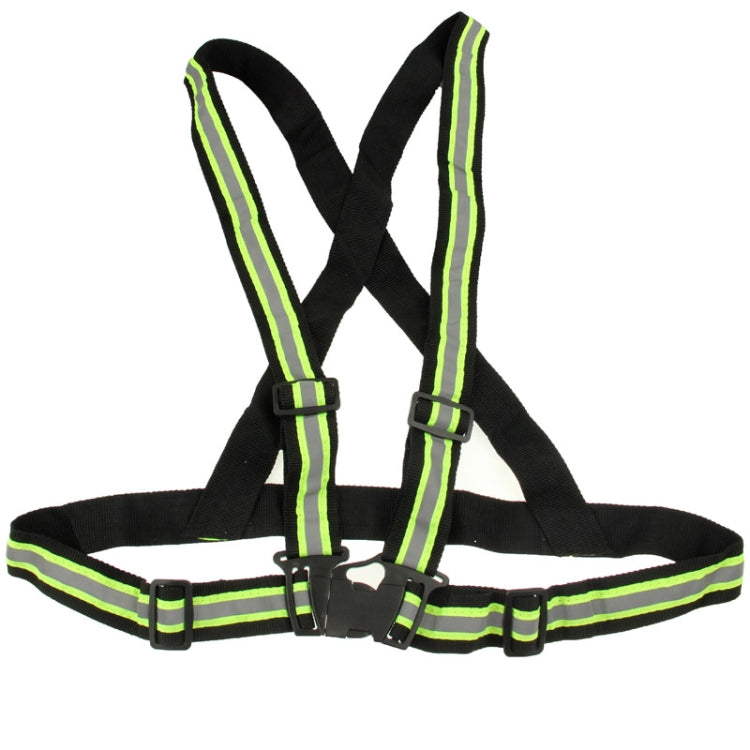 Reflective safety vest with black front, neon lime bands, and adjustable strap buckles