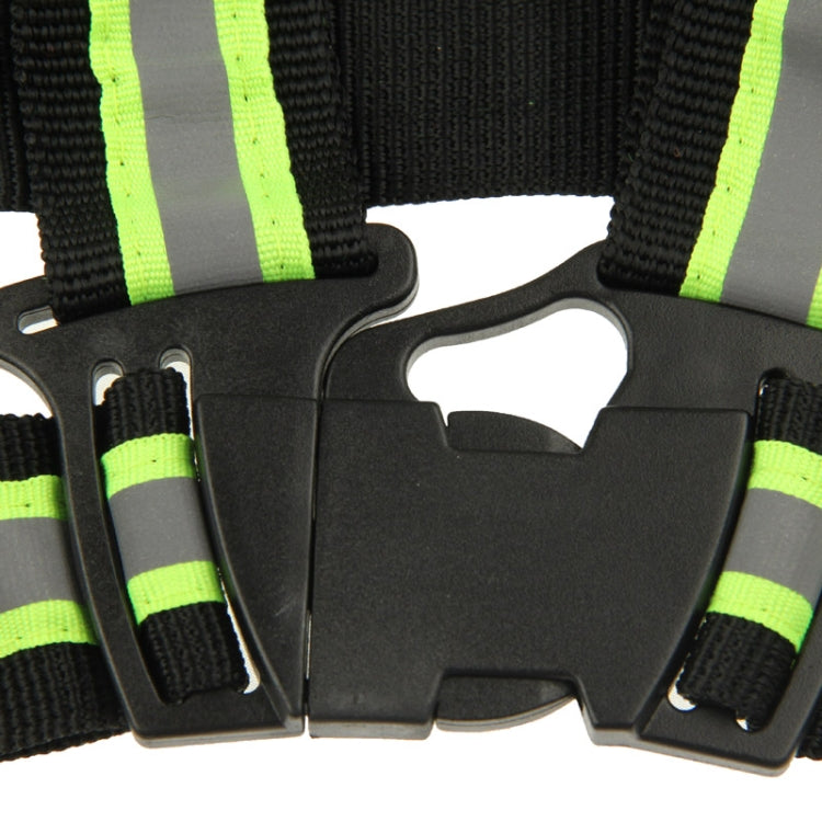 Adjustable buckle set on reflective safety vest straps with neon lime trim